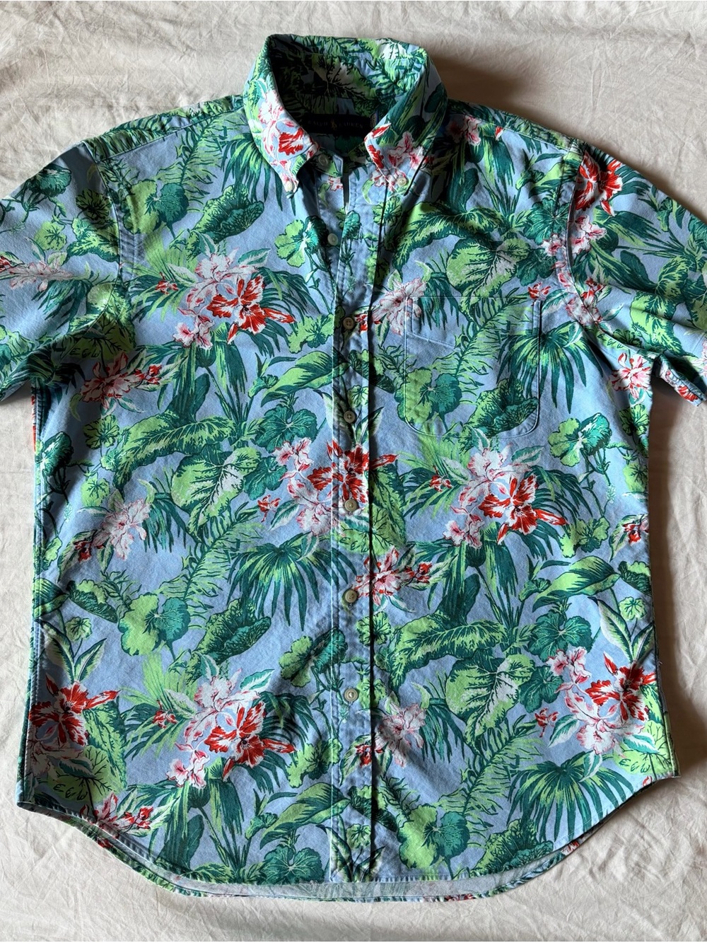 Ralph Lauren Blue Tropical Floral Button-Down Shirt with Green & Red Accents
